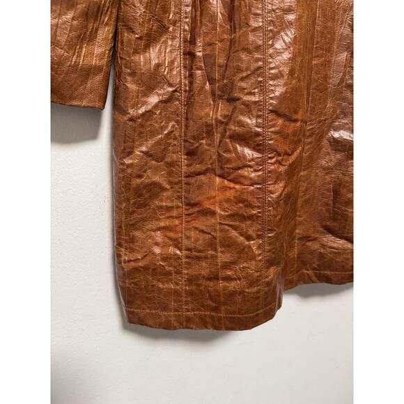 Perverze Jacket Womens Medium Brown Faux Leather Long Coat Button Up Retro Look - Picture 8 of 16